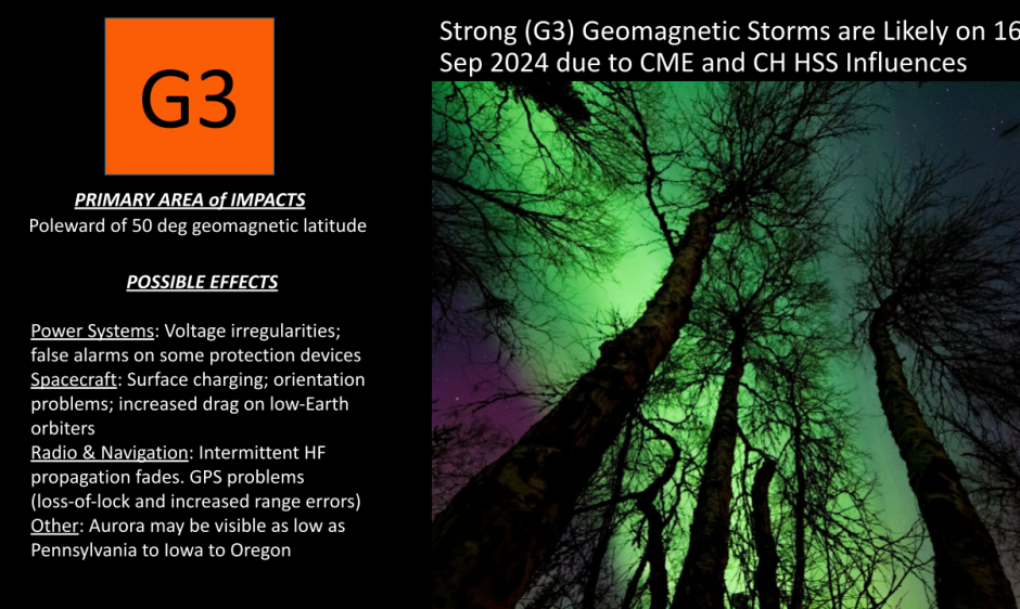 Strong (G3) Storms are Likely on 16 September 2024 NOAA